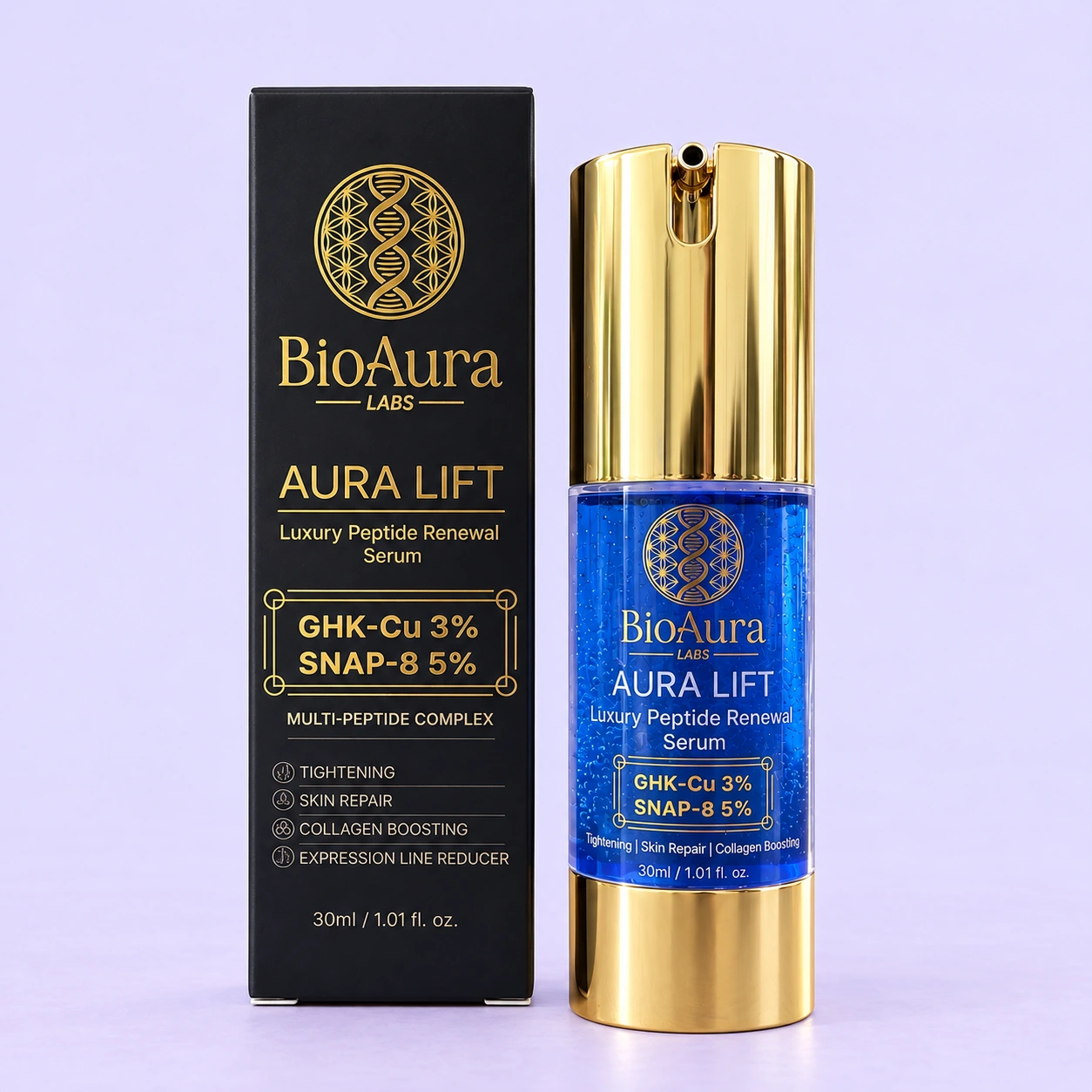 Aura Lift blue serum bottle with gold pump and black-and-gold box