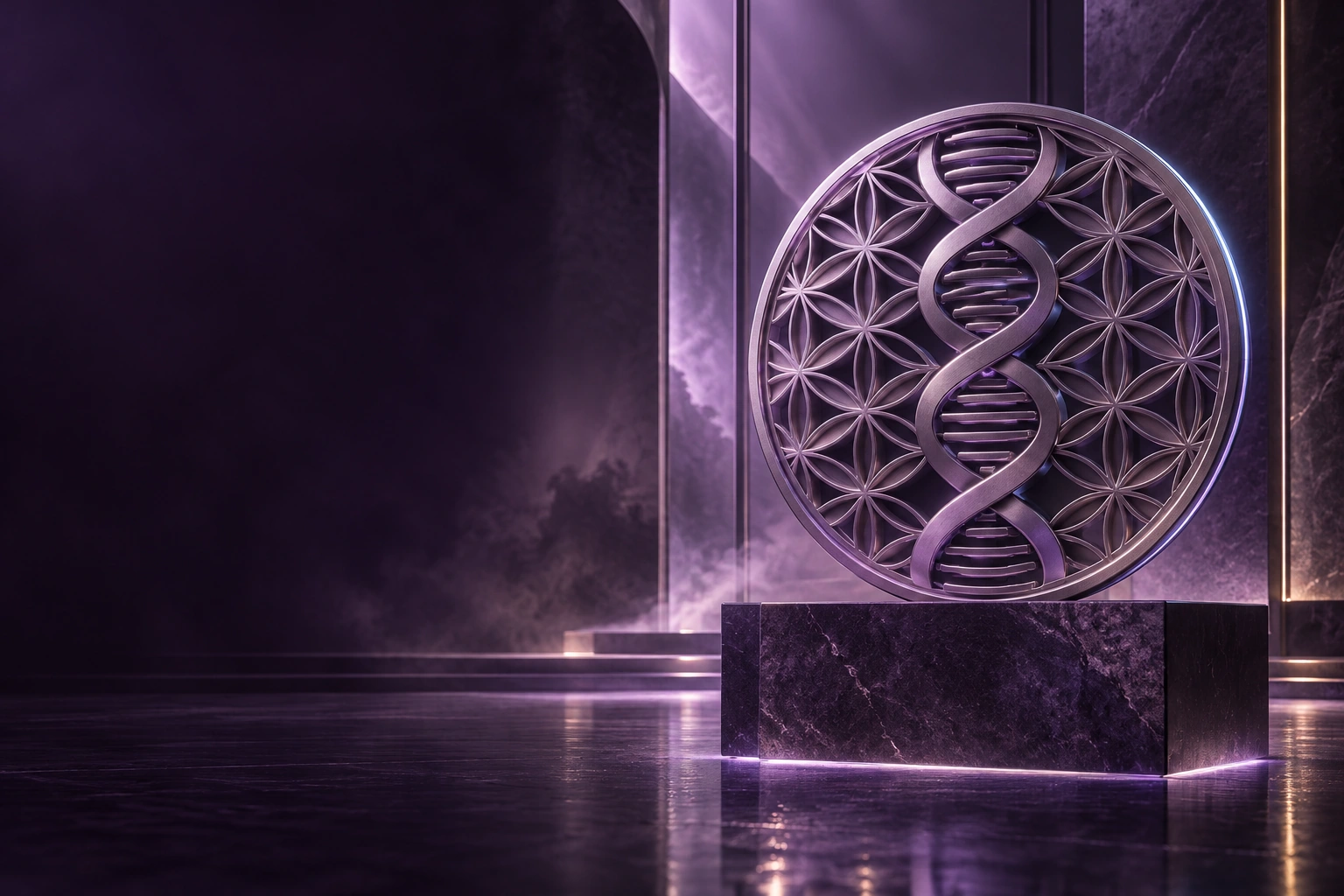 BioAura DNA emblem in a purple and silver brand composition